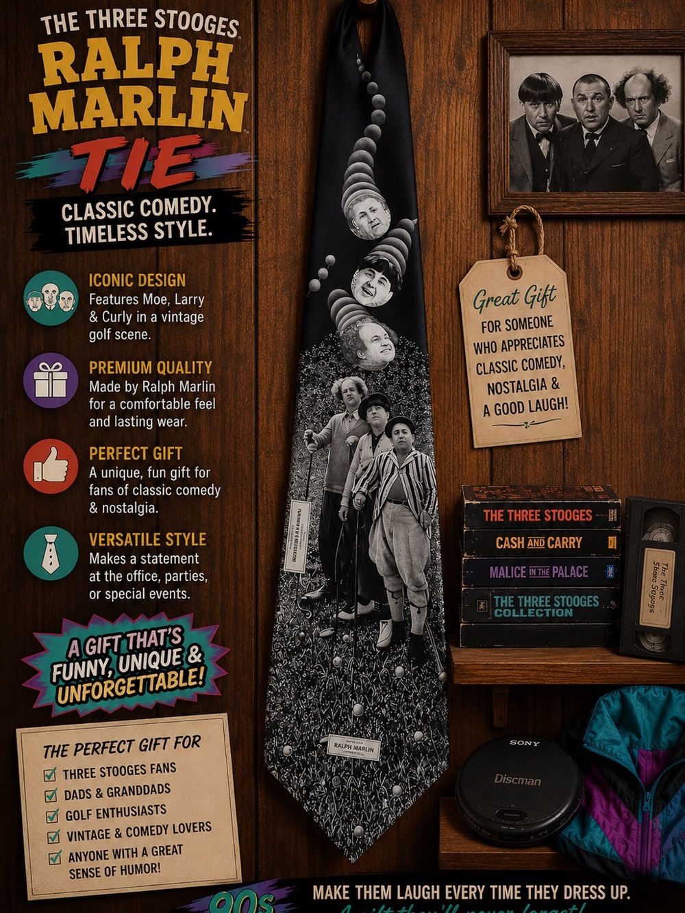 Vintage Ralph Marlin Three Stooges Novelty Tie Golf Comedy Necktie